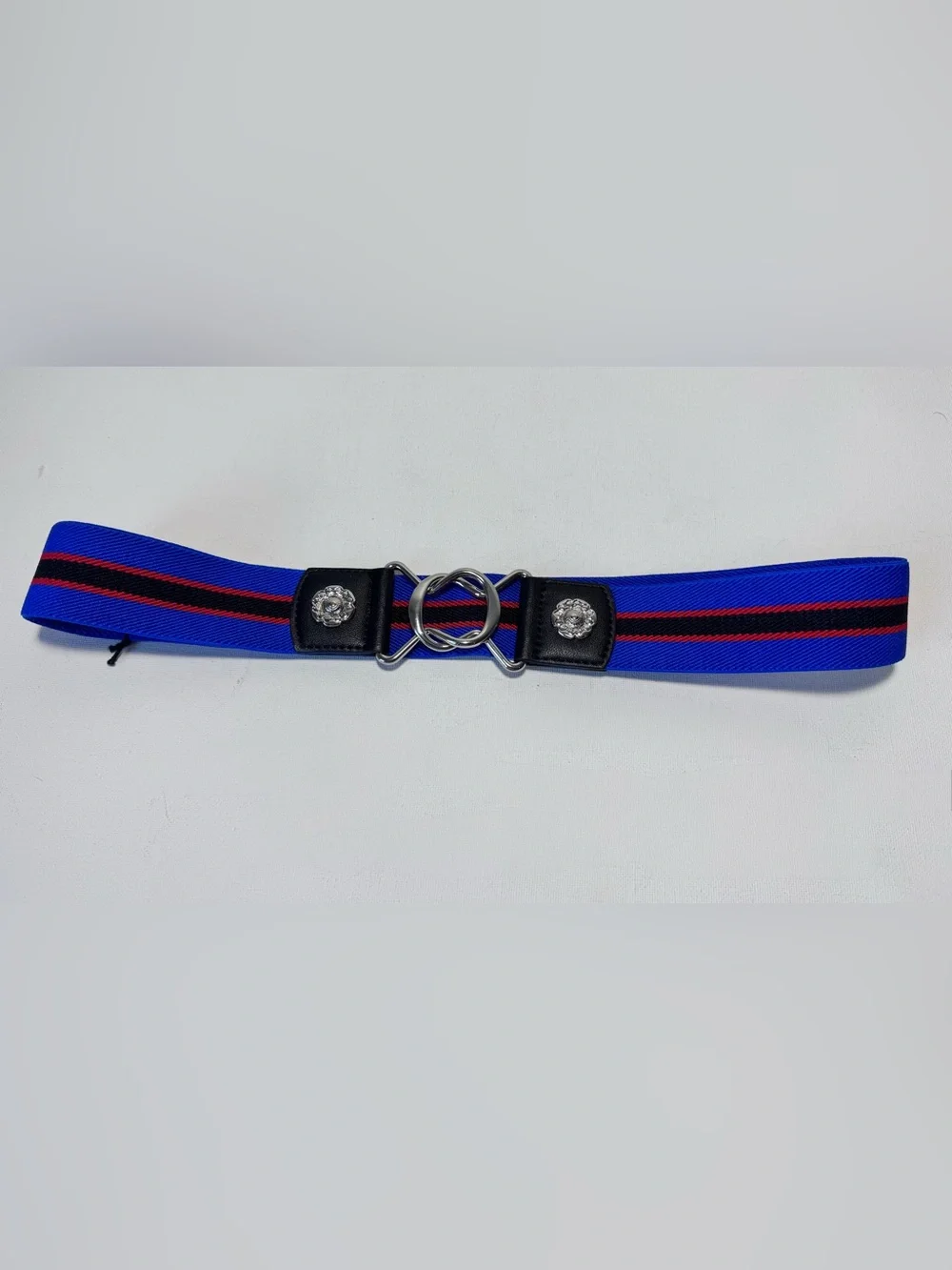 Blue and Black Striped women’s Elastic Belt with Silver hardware